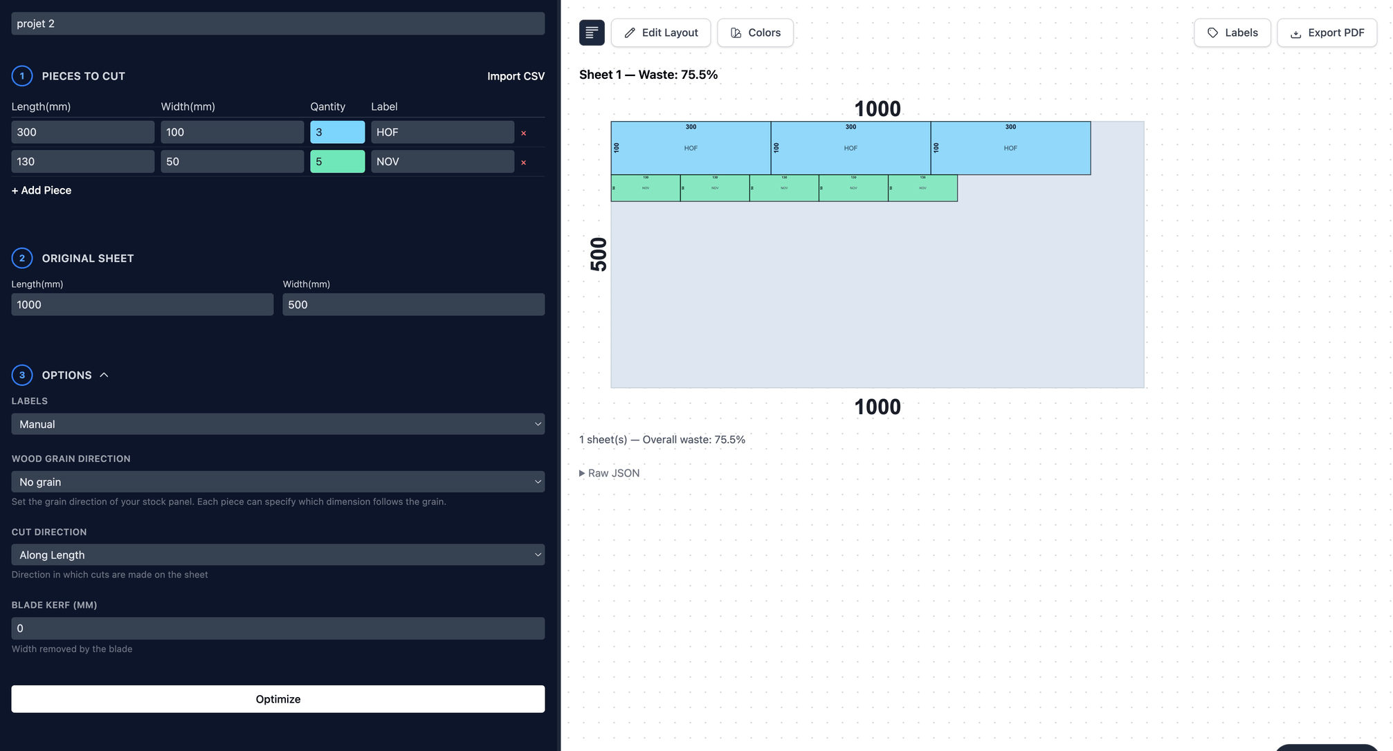 Selecting cut direction along length or width in CutOptima