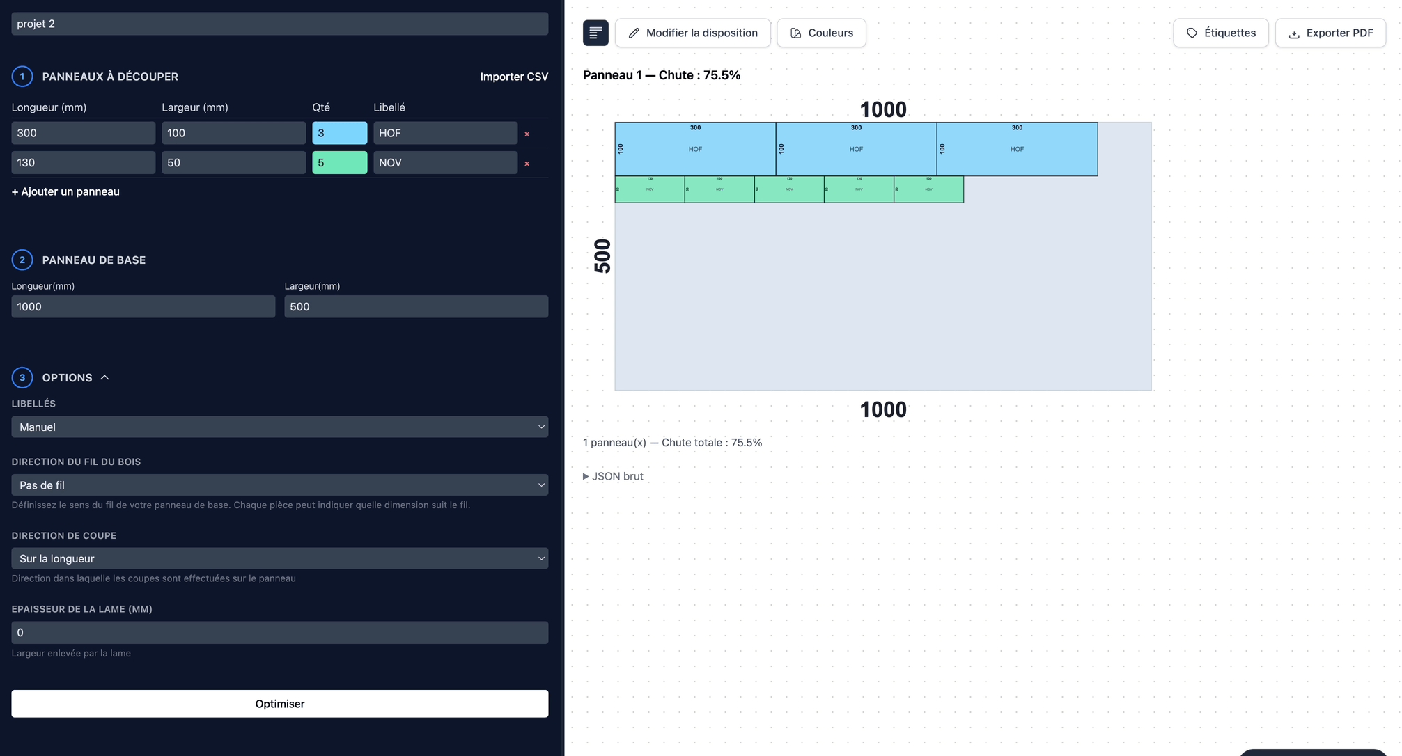 Sélection de la direction de coupe en longueur ou en largeur dans CutOptima