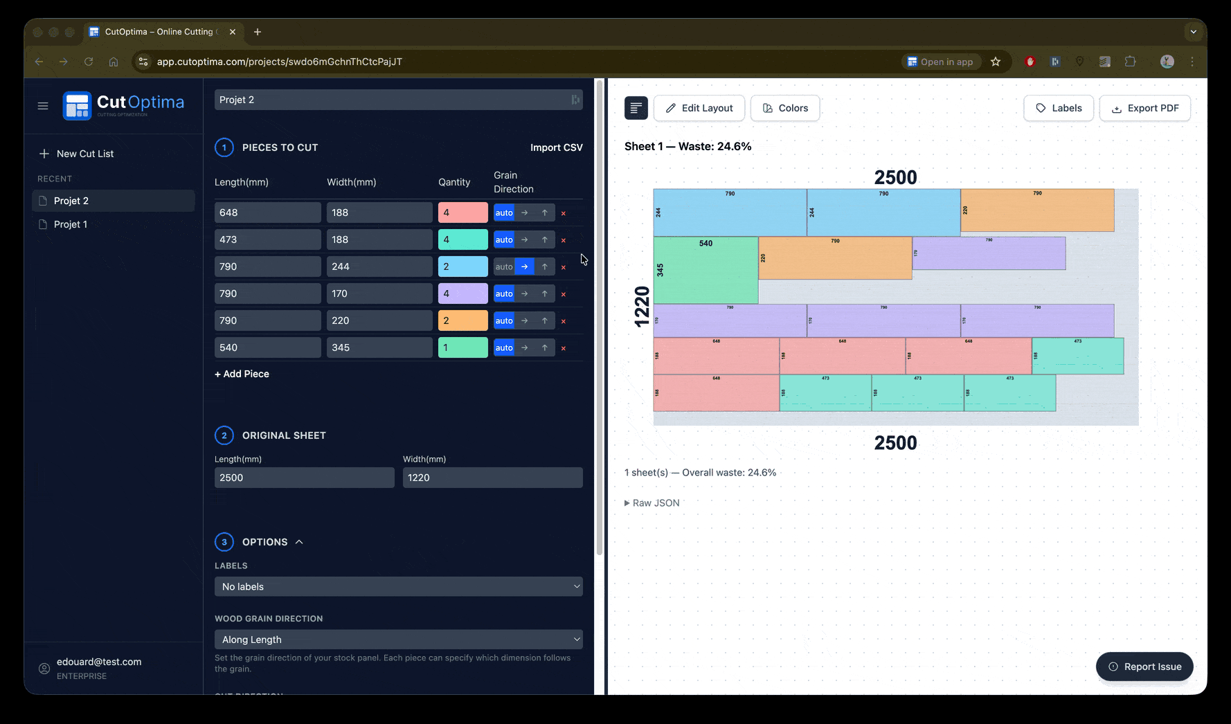 CutOptima cutting optimization software interface showing an optimized panel layout