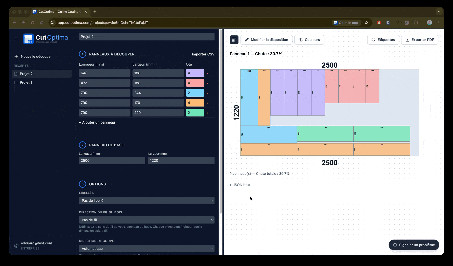 Interface du logiciel CutOptima montrant un plan de découpe optimisé pour panneaux