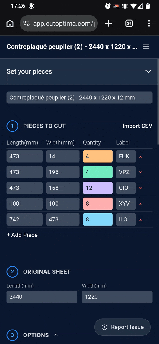 CutOptima mobile interface on a smartphone for on-the-go cut planning